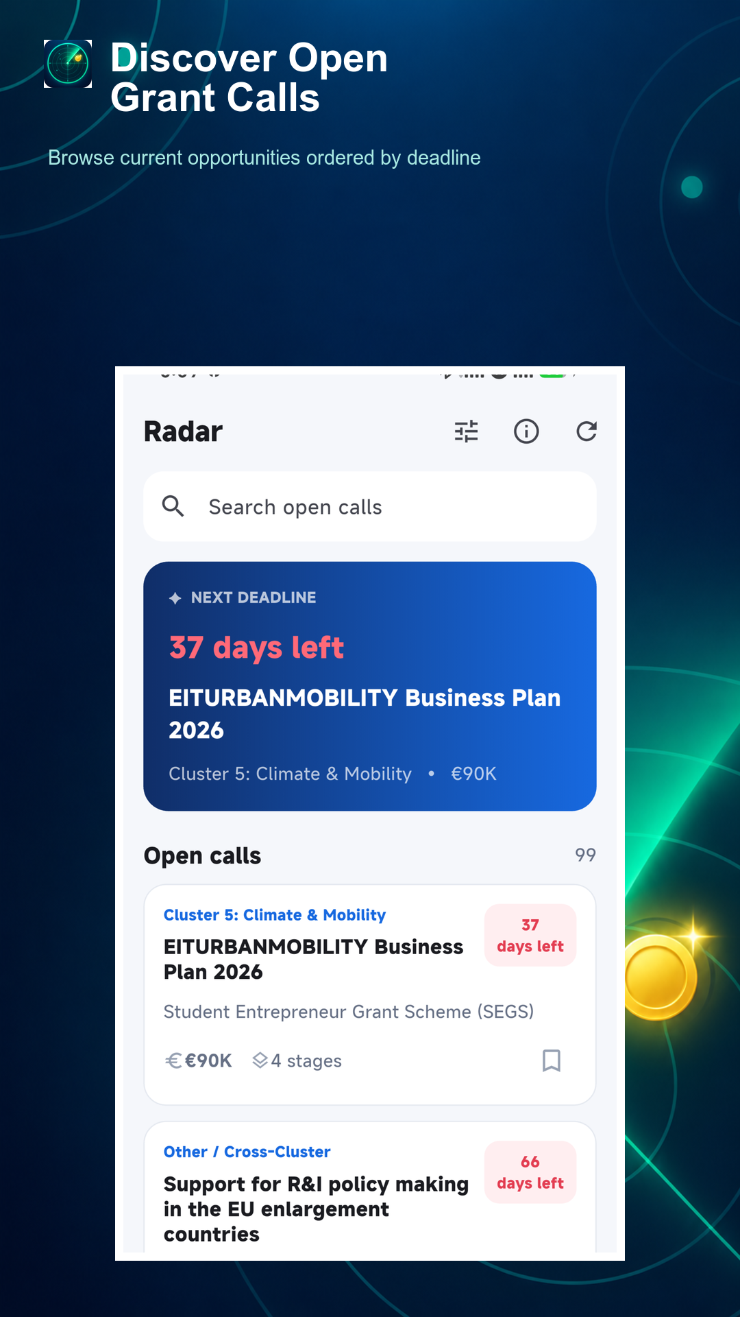 Grant Radar discover screen showing open grant calls